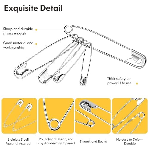 Huhuhero 340 Pack Safety Pins Assorted, Small & Large Heavy Duty Safety Pins for Clothes Costume Sewing, 5 Different Sizes Nickel Plated Steel Pin Bulk, Crafts Art Supplies, Silver thumbnail 5