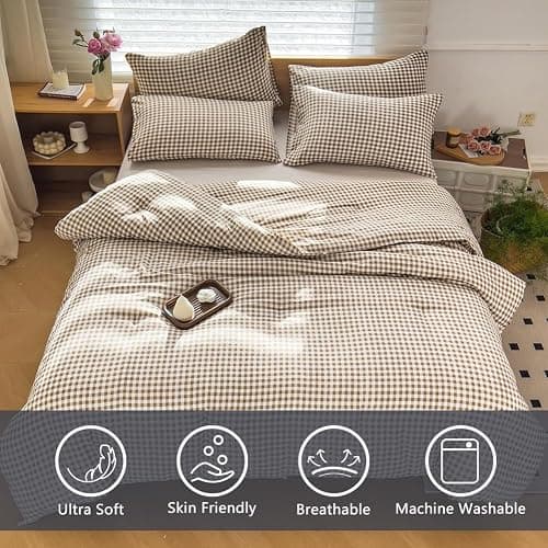 NSNLGSGC Tan Gingham King Comforter Set, 3 Pieces | Brown Grid Bed Comforter, 3 Pieces, 1 Comforter, 2 Pillowcases thumbnail 2