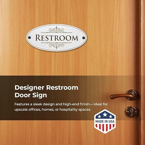 SmartSign Designer Restroom Sign for Door, 3M Adhesive Backing & Pre-Drilled Holes, 3.5 x 8 inch, Vintage Decor Unisex Bathroom Sign, Matte Finish, 32 mil Anodized Aluminum, Made in USA thumbnail 3