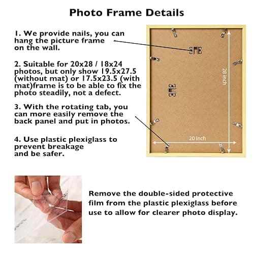 JCJMY 20x28 Picture Frame with 18x24 Mat, Display Photo 18x24 with Mat or 20 x 28 Without Mat, Wall Hanging Large 20 by 28 Poster Frame with Plexiglass, Gold thumbnail 5