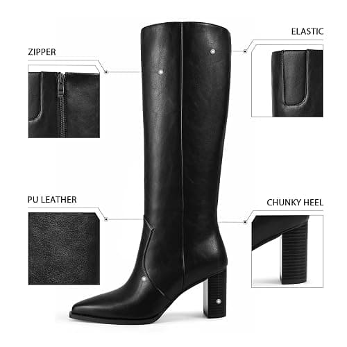 ISNOM Knee High Boots Women Almond Toe Chunky Boots for Women Tall Boots with Full Side Zipper High Heel Long Boots thumbnail 4