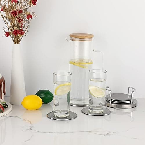 JUXYES Set of 6 Stainless Steel Round Coasters with Holder & Sponge Bottom, Silver Metal Cup Coasters Set Stunning Cool Coaster Cups Mats Decor for Restaurant Kitchen bar Dining Table thumbnail 2