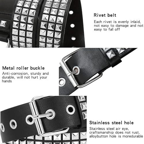 Ulekuke Metal Punk Rock Rivet Studded Belt for Women Men, Gothic Belt with Bright Pyramid Studs thumbnail 5