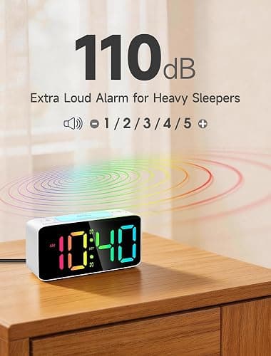 Cadmos 110dB Extra Loud Alarm Clock for Heavy Sleepers Adults, Digital Clock with 7 Color Night Light, RGB Display, Dual USB Charger, Small Clocks for Bedrooms, Kids, Teens (White+RGB) thumbnail 2