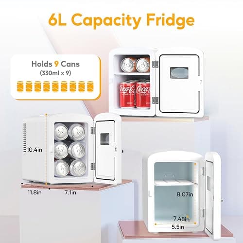 HealSmart Mini Fridge with Observation Window 6L/9 Can Skincare Beverage Small Refrigerator, 100% Freon-Free Compact Cooler and Heater for Bedroom, Office, Dorm, Car, White thumbnail 4