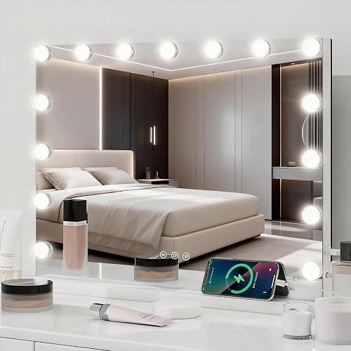 YU YUSING Hollywood Makeup Mirror, 45×58cm Large Lighted Vanity Mirror, Tabletop or Wall-Mounted Mirror, with 15 Dimmable Bulbs, 3 Color Modes, Touch Screen Control, 10X Magnifier, USB Output Port - Image 1