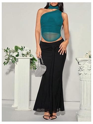 MakeMeChic Women's Halter Scarf Sexy Sheer Mesh Tops Ruched Off Shoulder Asymmetrical Neck Crop Tank Top Going Out Clubwear thumbnail 6