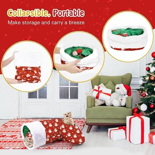 Pawaboo Cat Tunnel Christmas Sock with Bell Balls, Upgraded 2 Way Cat Tunnel Interactive Toy, Pet Xmas Stocking with Crinkle Paper & Strong Spring-Steel Frame for Cat Kitten Kitty, Red Snowman thumbnail 4