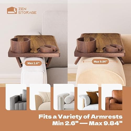 ZenStorage Acacia Wood Couch Arm Table Tray with Charcuterie Board with Phone Holder, Cup Slot & Folding for Wide/Narrow Recliners, Snack Table for Small Spaces TV Entertaining (Natural Wood) thumbnail 3