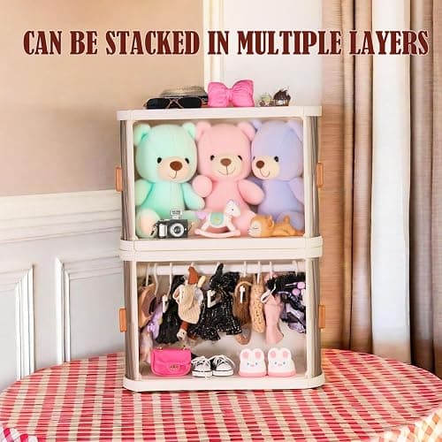 Foldable Doll Wardrobe Storage Box Compatible with Labubu Clothes with 10 Hangers & Rod - Stackable Organizer Cabinet for 15/17cm Doll Clothes with Dust-Resistant Cover and Display Shelf thumbnail 7