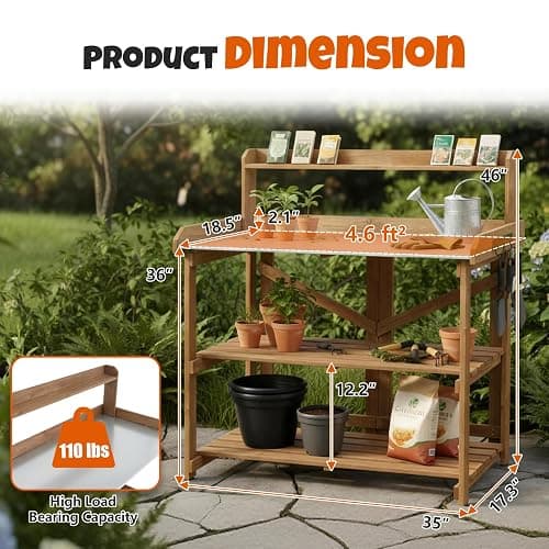 Outdoor Potting Bench Table, Indoor Wooden Work Station with Metal Table Top, Metal Hooks, Large Shelves, Heavy-Duty Gardening Workbench for Garden, Backyard, Patio, BBQ Prep Station, Easy Assembly thumbnail 2