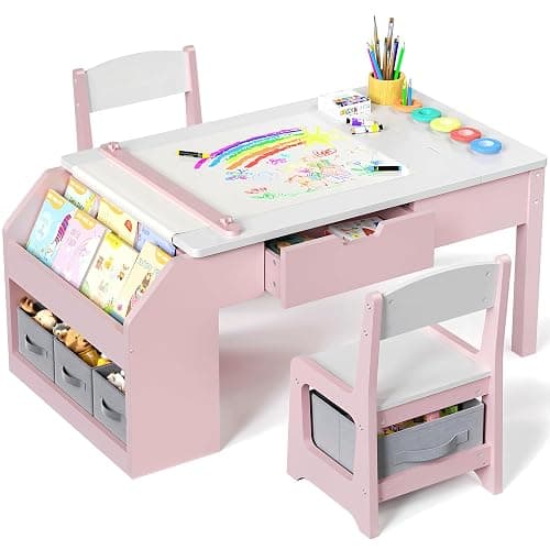 5-in-1 Kids Art Table and Chairs, Wood Toddler Table and Chair Set with Storage Drawers, Craft Play Desk for Kids, Convertible Art Easel with Paper Roll Holder, Children Activity Learning Center-Pink - Image 1