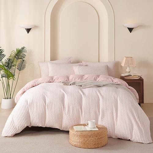 BUPIRD Pink Comforter Set Queen Size Striped 100% Soft Washed Microfiber Jacquard 3 Pieces Striped Bedding Sets Pink White Comforter Queen for All Seasons and 2 Pillowcases Comfort Breathable thumbnail 2