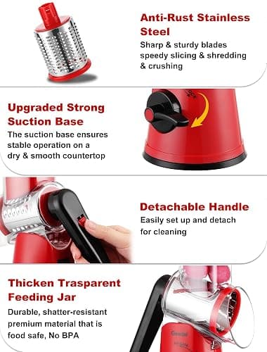 Geedel Rotary Cheese Grater Cheese Shredder - Upgraded 5-in-1 Cheese Grater with Handle and Strong Suction Base, Multi-purpose Vegetable Slicer Ice Shaver Nuts Grinder for Ice, Vegetables, Fruit, Nuts thumbnail 7