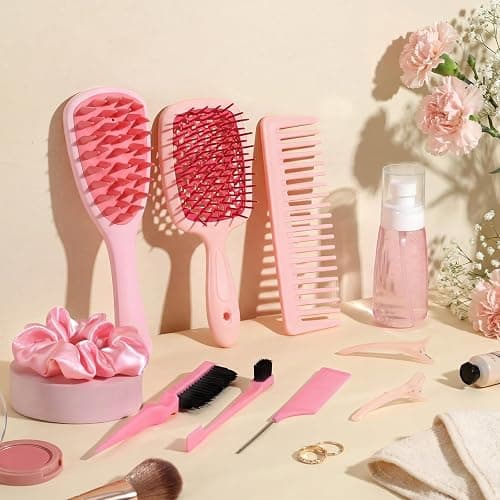 auroray 16 Pcs Pink Hair Brush Set for Women Girls - Scalp Scrubber with Handle, Detangle Hair Brush, Spray Bottle, Edge Bristles Wide Tooth Brushes Rat Tail Comb for Travel Home Use Hair Stuff thumbnail 2