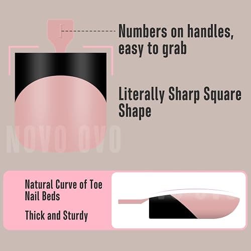 NOVO OVO Halloween Black French Tip Toe Nail Tips Press on, BABY PINK Sharp Square Pre-Designed Soft Gel False Toenail Extension, Medium Wide Fake Toenails, Full Cover Acrylic for DIY 15 Sizes 240 pcs thumbnail 2