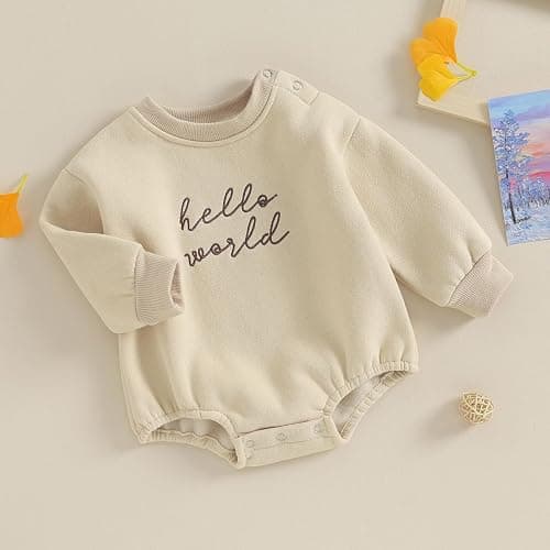 VISGOGO Newborn Infant Baby Boy Girls Oversized Romper Little Dude Sweater Onesie Coming Home Outfit Neutral Clothes - 0-3 Months - Hello World-beige thumbnail 3