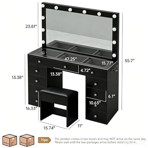Makeup Vanity Desk with RGB Lights and Large 47.2’’ Mirror, 11 Drawers Makeup Vanity with Lighted Mirror, 3 Color Option, Brightness Adjustable, Make Up Vanity with Charging Station Woman, Black thumbnail 2