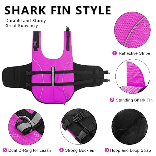 Ripstop Dog Life Jacket Shark Life Vest for Dogs, Safety Lifesaver with High Buoyancy and Lift Handle for Small and Medium Breeds（Rose Red XS） thumbnail 4