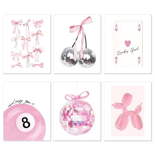 Coquette Room Decor, Preppy Aesthetic Posters for Room, Pink Disco 8 Ball Wall Art Prints, Trendy Cute Teen Girls College Dorm Bedroom TikTok Lucky Cherry Wall Posters, 8 x 10 Unframed, Set of 6 - Image 1