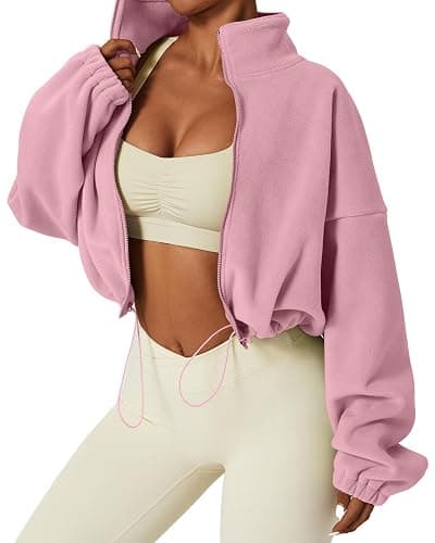 QINSEN Women's Full Zip Fleece Short Jacket Warm Winter Long Sleeve Stand Collar Sherpa Crop Coat thumbnail 3