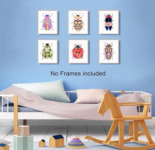 Colorful Insect Wall Art Prints,Watercolor Blue Beetle Ladybug Canvas Painting Colorful Insect Wall Art Poster for Kids Baby Room Decoration Home Decor Picture,Set of 6 (8"X10"inches,Unframed). thumbnail 3