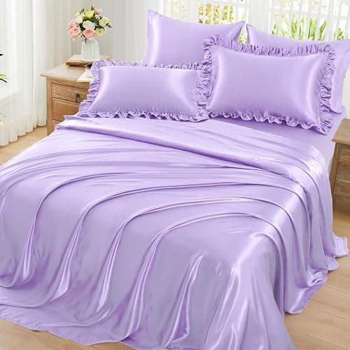 Homiest Ruffled Satin Sheets Queen Size 6pc Set, Lavender Purple Silk-Like | Silky Smooth With Pearlescent Finish, 15-Inch Deep Pocket With Ruffled Pillowcases, Gentle On Hair And Skin, Anti-Pilling - Image 1