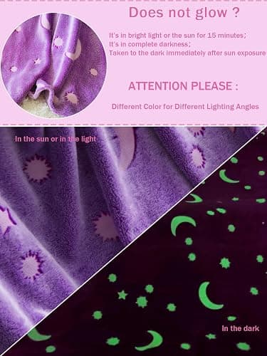 AUIVTY Glow in The Dark Blanket for Girls Birthday Purple Pink Moon Star Soft Throw Blanket for Kids Toddler Teen Girls Women (Purple, 40x60 inch, Moon Star) thumbnail 7