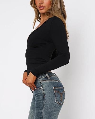ZREQV Women's Long Sleeve Crop Tops Sexy V Neck Trim Lace Tees Y2K Spring Fashion Slim Fitted T Shirts Going Out Tops thumbnail 4