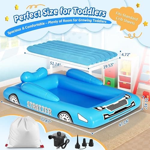 Inflatable Toddler Travel Bed with Tent – Foldable Portable Toddler Bed Cot - Blow Up Kids Air Mattress with Safety Bumper, Pump Carry Bag – Indoor Outdoor Nap Bed for Home, Camping, Hotel (Blue Car) thumbnail 3