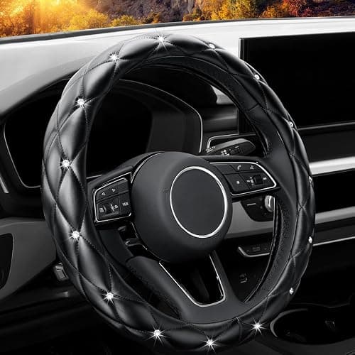 YOGURTCK Diamond Soft Leather Anti-Slip Steering Wheel Cover with Bling Bling Crystal Rhinestones, Universal 15 Inch for Women Girls, Fit Vehicles, Sedans, SUVs, Vans, Trucks - Black - Image 1