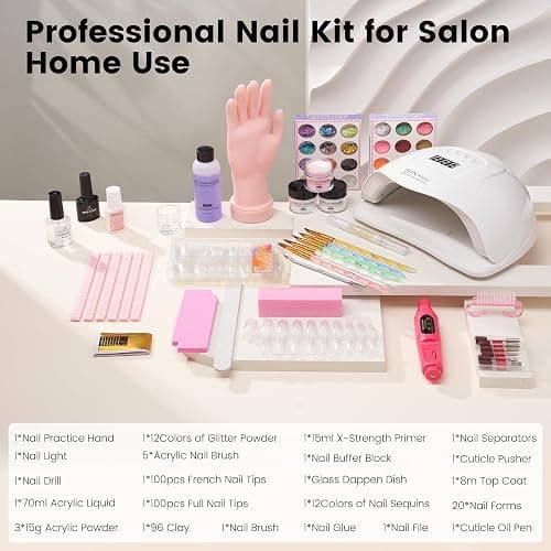 Acrylic Nail Kit for Beginners with Everything Practice Hand UV Lamp, White | Nail Starters Set with Monomer Liquid Powder, 20000RPM Drill, 80W Curing Light, 24 Glitter Sequins, Top Coat, for Women Gift thumbnail 2