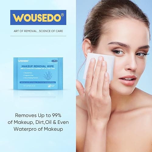 WOUSEDO 100 Count Makeup Remover Wipes, Bulk Gentle Cleansing Facial Towelettes, Individually Wrapped Travel Size,Alcohol-Free & Hypoallergenic for All Skin Types thumbnail 3