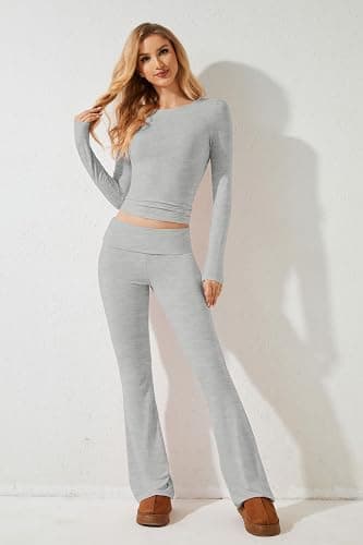 MISSACTIVER Women's Two Piece Outfit Basic Long Sleeve Crop Top and Low Rise Flare Pants Set Lounge 2 Piece Yoga Tracksuit thumbnail 7