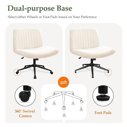 Orange Factory Criss Cross Chair Wheels Wide Cross Legged Office Desk Vanity Dual Base Comfy Fabric Armless Adjustable Swivel for Home Computer Task (Beige) thumbnail 3