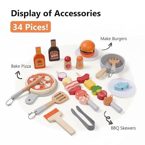 Leeshyah Wooden Kids Grill Playset – Realistic Play Barbecue Set with Grilling Tools and Foods – Pretend Grill Toy for Kids Ages 3+ thumbnail 5