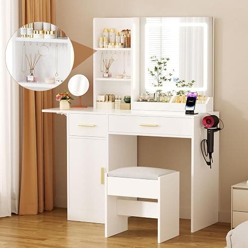 ERLEJIA Vanity Desk with Mirror and Lights & Extral Foldable Desk, 31.5" & 39.3" Makeup Vanity Table with 4 Drawers and 3 Open Shelves, Dressing Table for Bedroom, White thumbnail 3
