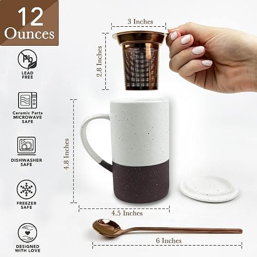 Mora Ceramics Tea Cup with Loose Leaf Infuser, Spoon and Lid, 12 oz, Microwave and Dishwasher Safe Coffee Mug - Rustic Matte Ceramic Glaze, Modern Herbal Tea Strainer - Great Gift for Women, Garnet thumbnail 3