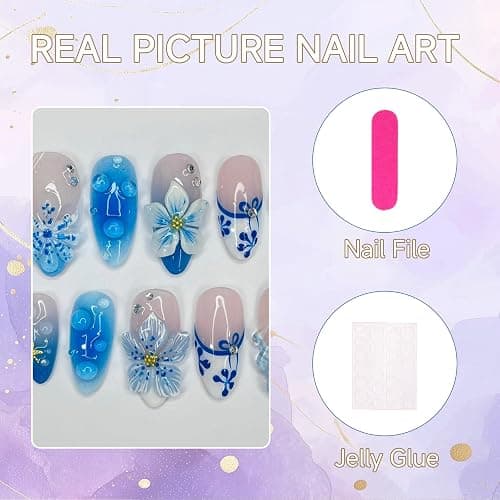 Auroriel 24 Stück Medium Almond Press on Nails Blau French Tip mit 3D Blumen & Gold Seestern Rhinestones Wiederverwendbare Acrylic Fake Nails Full Cover für Frauen Sommer Strand Hochzeit Party thumbnail 5