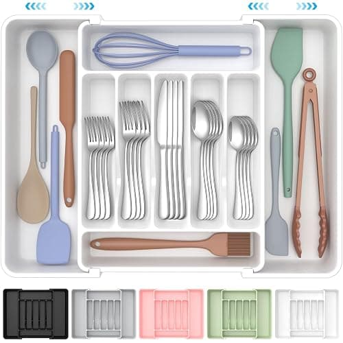 ukeetap Extra Large Expandable Silverware Organizer, BPA-Free Food-Safe Cutlery Flatware Organizer, Kitchen Utensil Drawer Organizer, Adjustable Silverware Holder for Spoons Forks Knives, White - Image 1