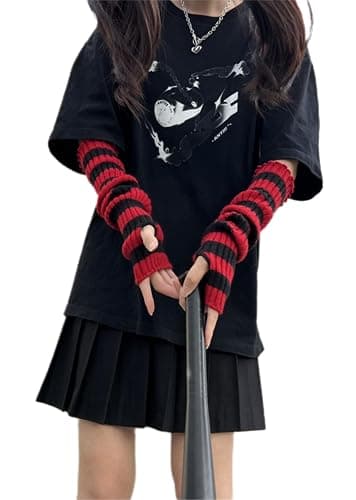 Pangogogo Punk Gothic Rock Striped Arm Warmers Y2k & Emo Accessories (Red) - Image 1