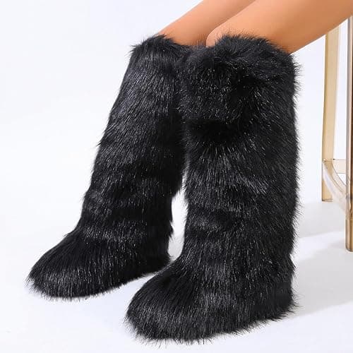 YXCFEWD Faux Fur Boots for Women Winter Knee High Furry Boots Fuzzy Fluffy for Girls Flat Snow Long Boots thumbnail 8