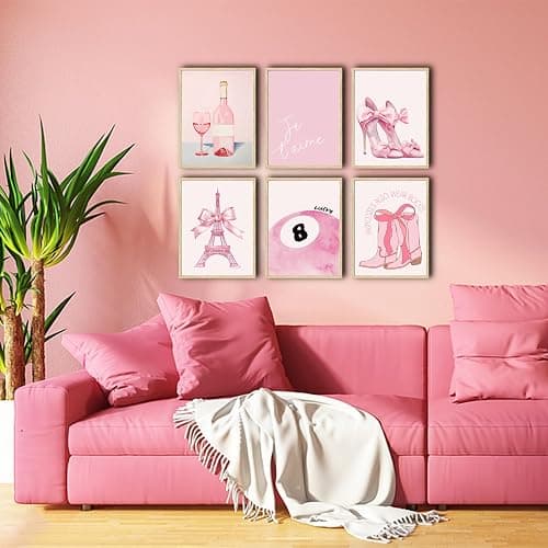 6Pink Preppy Wall Art Prints Set of 6 Coquette Bow Paris Themed Room Decor Lucky Cowgirl 8 Ball Picture Canvas Art Pink Trendy Posters Prints for Teen Girls Bedroom Dorm Decoration thumbnail 2