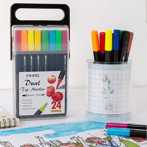 AIHAO Markers for Kids,Washable Markers With Stand Portable Box,Dual Tip Set, Brush & Fine Tips, 24 Pack, Art Supplies for Coloring, Doodling, Sketching, Drawing, Journaling thumbnail 7