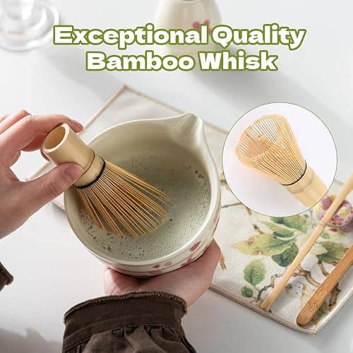 Grnstf Matcha Set 8-Piece Japanese Tea Ceremony Kit with Ceramic Bowl, Bamboo Whisk & Holder, 2 Scoops, Strainer, Tea Cloth - Complete Gift Set for Traditional Brewing(Gradient flower) thumbnail 5