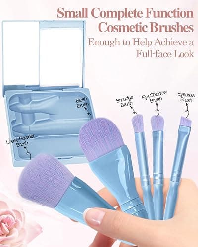 PGRODE Travel Size Makeup Brushes Mini Set with Hard Case and Built-in Mirror, 5Pcs Small Cosmetic Brushes, On the Go Brush Travel Essentials kits for Women, Girls Gift (Sky Blue) thumbnail 2