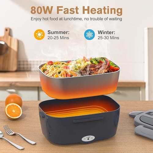 Vabaso Electric Heated Lunch Box with Dual 1.5L SS Containers for Car/Home | 80W Fast Heating, 2-in-1 Car & Home for Adults Men, Food-Grade SS, Leak-proof Seal, Includes Fork & Spoon, 12V/24V/110V/220V thumbnail 3