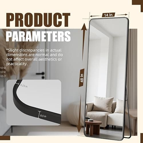 Antok Over The Door Mirror Full Length, 49'' x 14''Wall Mounted Hanging Mirror, Aluminum Alloy Frame, Shatterproof Glass, No Drill Installation for Bedroom, Closet, Bathroom, Dorm, Round Corner,Black thumbnail 6