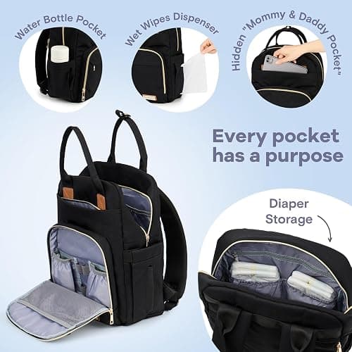 RUVALINO Diaper Bag Backpack, Multifunction Travel Pack Maternity Baby Changing Bags, Large Capacity, Waterproof, Deep Black, Polyester thumbnail 3