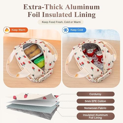 KUBYA Lunch Box for Women, Cute Strawberry Corduroy Insulated Lunch Bag Women Reusable Work Leakproof Simple Adults Large Lunch Boxes Tote Bag Men Cooler Bag thumbnail 3